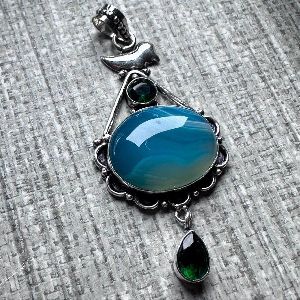 Handcrafted Statement Crazy Lace Agate Pendant Dyed Blue & Crystal Accents